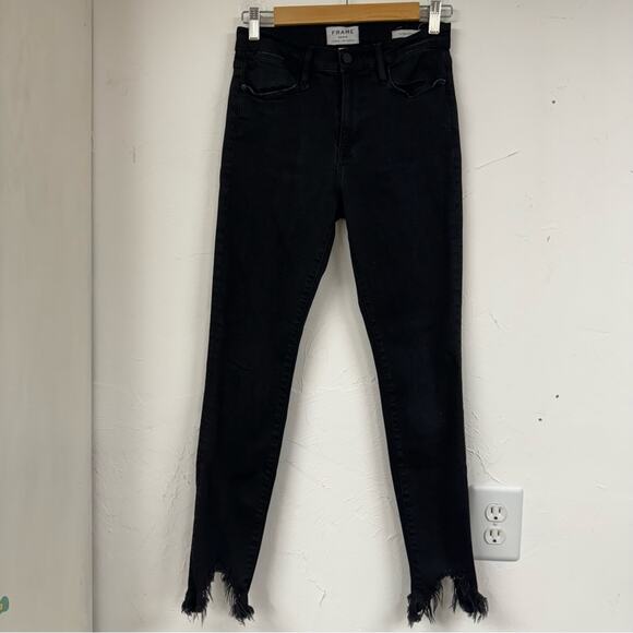Frame Denim Black Le High Skinny Raw Step Hem Jeans Womens 27 Fall Denim Classic - Picture 1 of 14